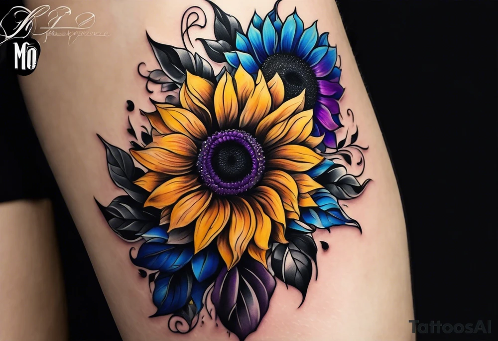 Blue yellow and purple sunflowers arm sleeve tattoo idea