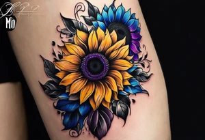 Blue yellow and purple sunflowers arm sleeve tattoo idea