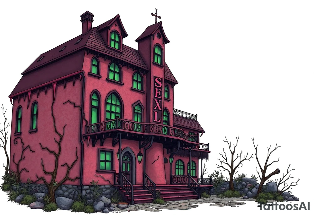 Tim Burton’s sex hotel from outside viewis abandoned and dripping with muted reds, dusty pinks, and eerie green glow. tattoo idea tattoo idea