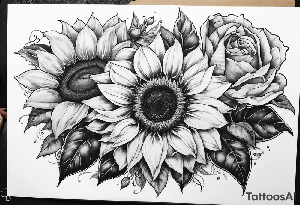 Sunflower, rose flower tattoo idea