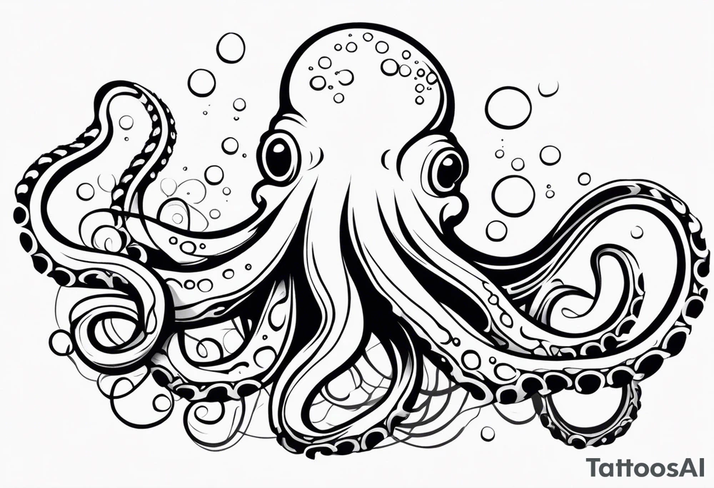Tribal half sleeve. octopus surrounded by ribbons of water waves filled with fish. the octopus has no eyes. Use thick lines only with less detail. tattoo idea