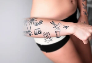 full arm sleeve with individual tattoos that include palm trees, boats, golf cart, seagulls, sea life, a beer, flips flops tattoo idea