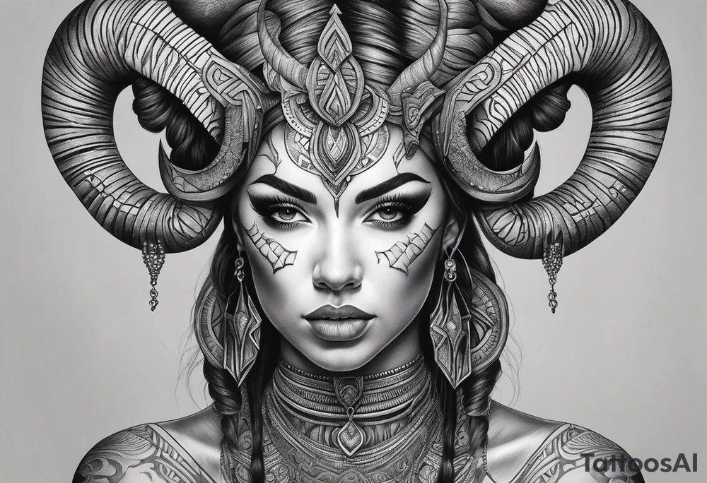symmetrical woman head with curved horns facing downwards dark realism looking front facing view, ultra-detailed, high quality, high sharpness, hyper-realism, hyper-details, hyper-photorealistic, hyper-realistic tattoo idea