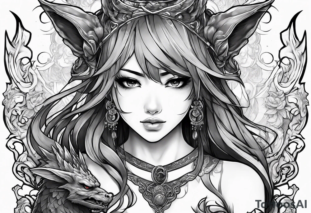 a bleeding anime girl surrounded by an asian gargoyle tattoo idea