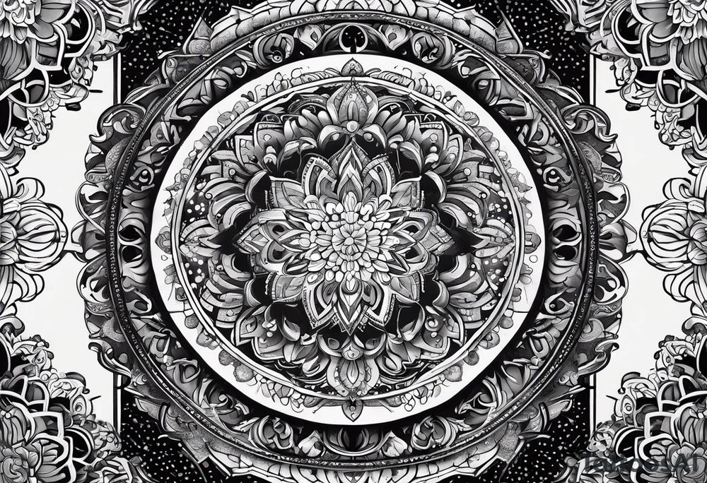 In the Center a half Moon of 8 cm height that is dripping water Drops. Behind a rectangular Mandala around the whole arm with 3 cm height. tattoo idea