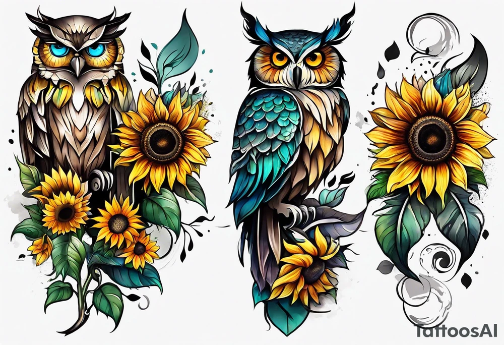 Leg sleeve with colorful sunflowers and an owl tattoo idea