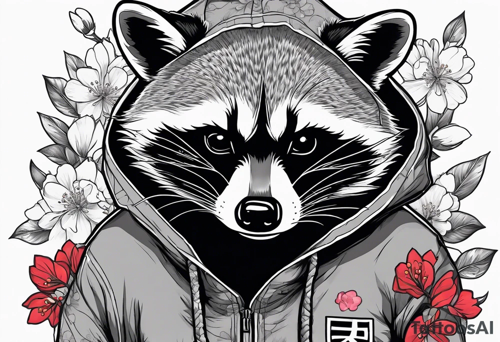 Raccoon wearing a Superman hoodie and Japanese cherry blossoms tattoo idea