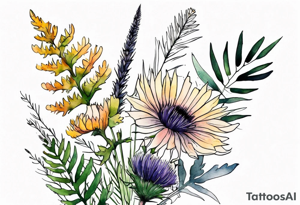 small vertical mixed wildflower bouquet with ferns, thistle and with watercolor tattoo idea