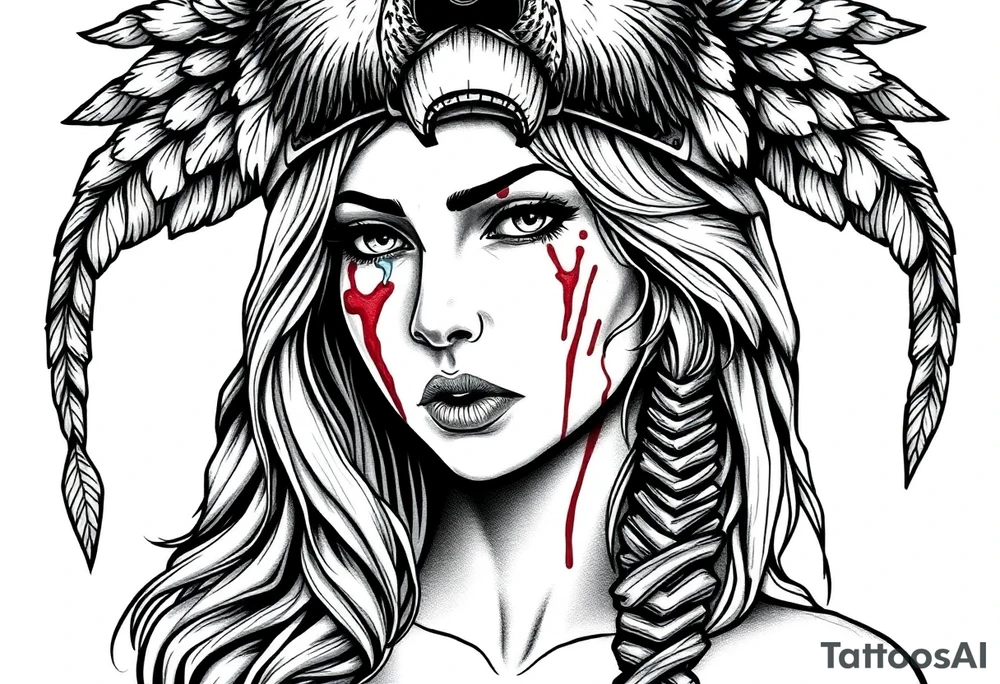 Beautiful Womans shedding a tear, with battle scars and blood on face, wearing a mean looking bear headdress on head tattoo idea