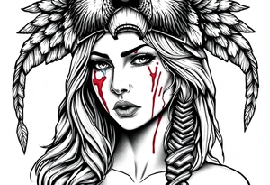 Beautiful Womans shedding a tear, with battle scars and blood on face, wearing a mean looking bear headdress on head tattoo idea