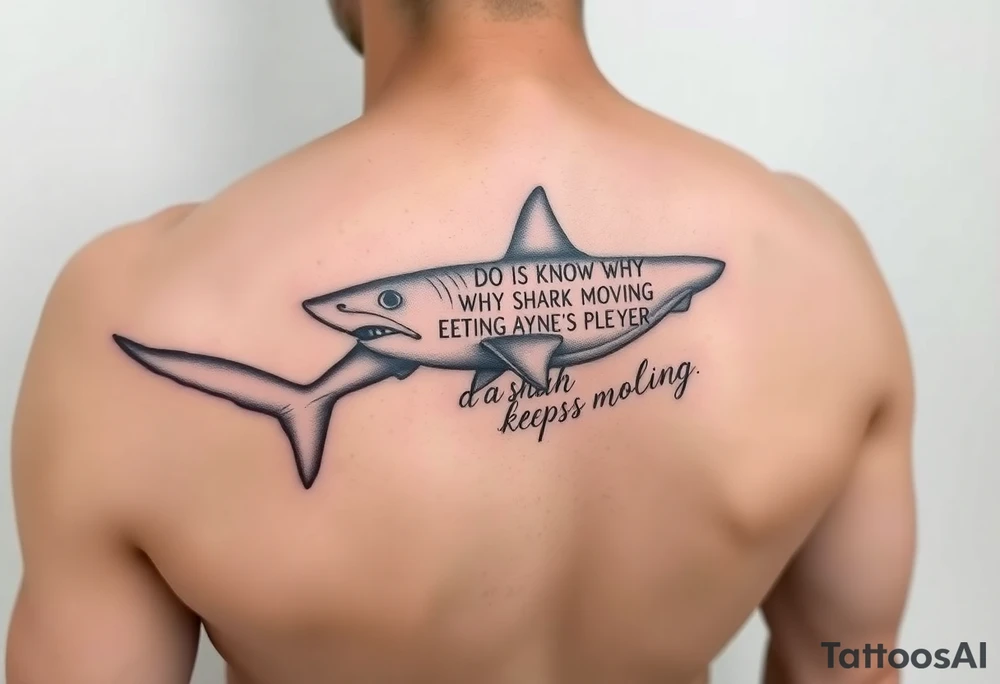Whale shark on back by spine with the words “do you know why a shark keeps moving”wrapped around the shark tattoo idea