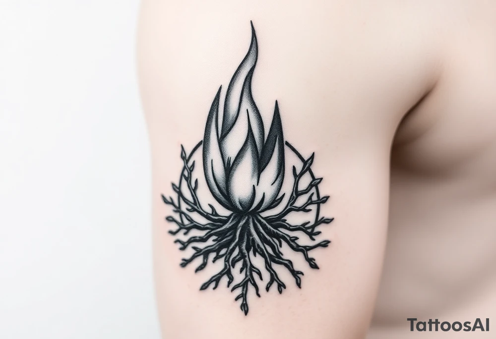 flame in a blooming roots circle tattoo idea