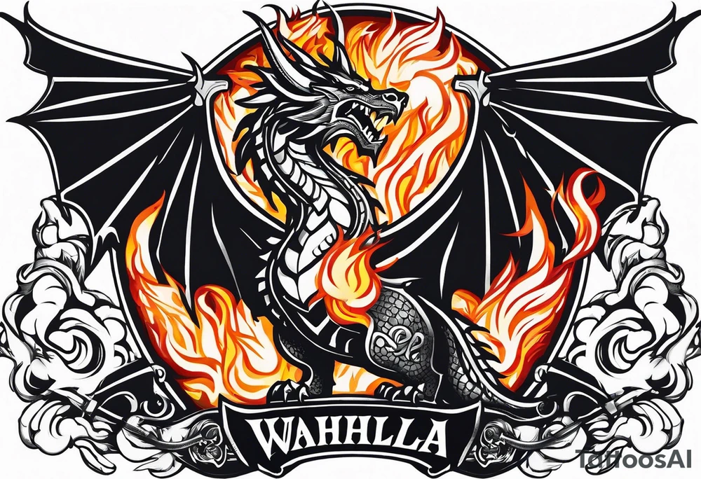 Valhalla sword shield dragon head fire tattoo idea