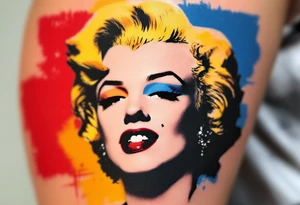 A pop art version of Marilyn Monroe with bold blocks of red, yellow, blue, and black outlines. tattoo idea