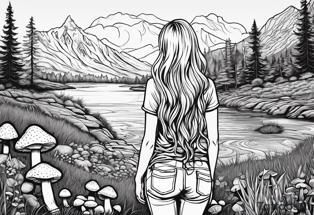 Straight long blonde hair hippie girl in distance holding mushrooms in hand facing away toward mountains and creek surrounded by mushrooms tee shirt and hiking pants tattoo idea