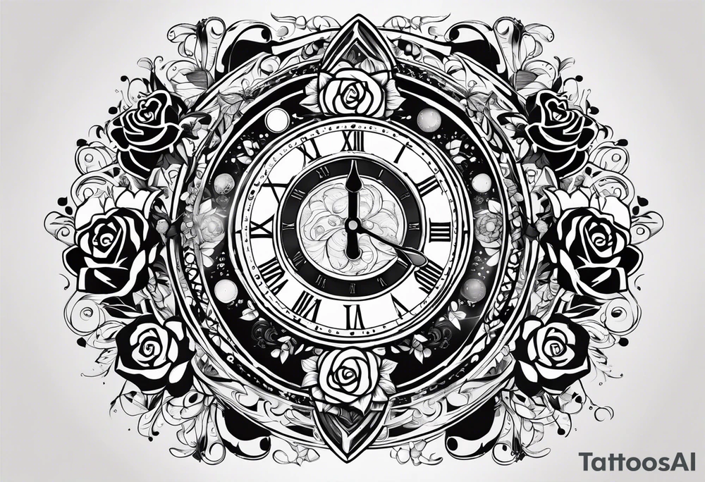 I want a design to print on t-shirts. The design is an hourglass with a wristwatch in the middle with Amazigh numbers, and this watch is surrounded by planets and Ashulk roses. tattoo idea