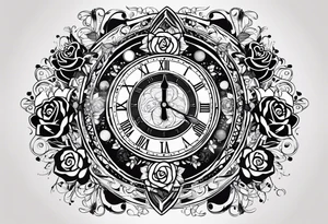 I want a design to print on t-shirts. The design is an hourglass with a wristwatch in the middle with Amazigh numbers, and this watch is surrounded by planets and Ashulk roses. tattoo idea