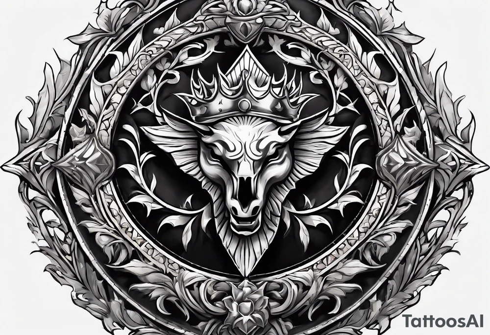 A beautifully adorned shield with a subtle crown of thorns encircling it, radiating an aura of divine power. tattoo idea