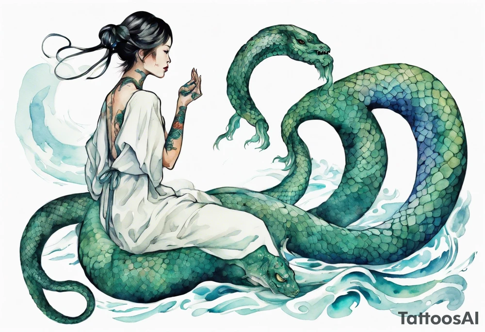 a sea serpent next to a women with blue-green in a white tunic tattoo idea