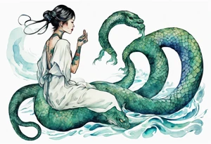 a sea serpent next to a women with blue-green in a white tunic tattoo idea