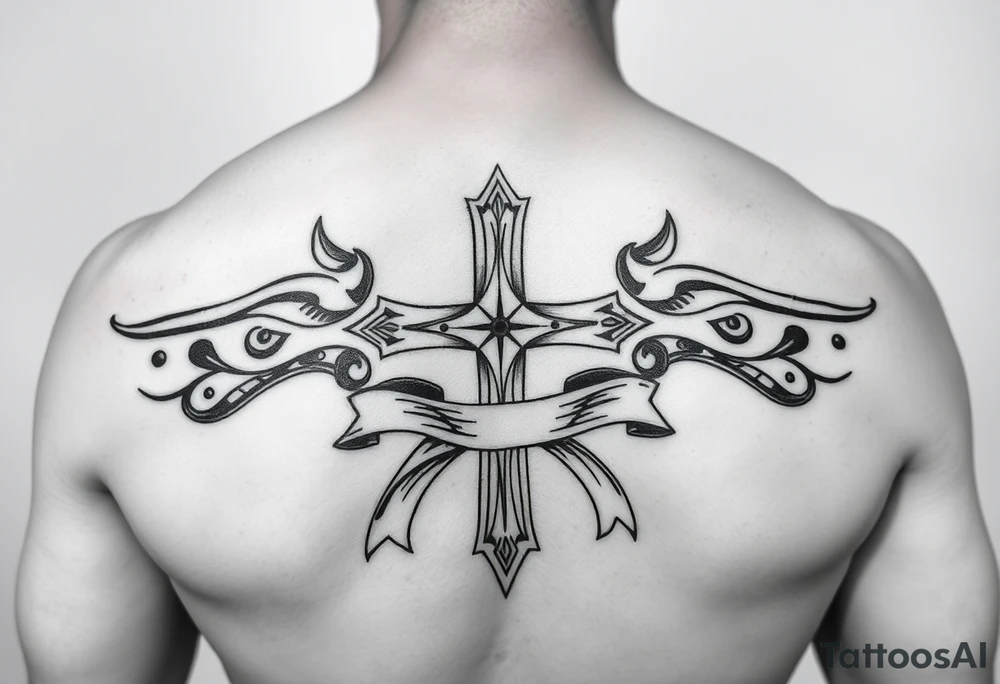 A cross surrounded with ribbon by Micronesian tribal for arm tattoo idea