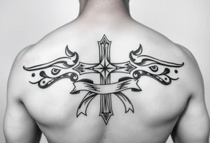 A cross  surrounded with ribbon by Micronesian tribal for arm tattoo idea