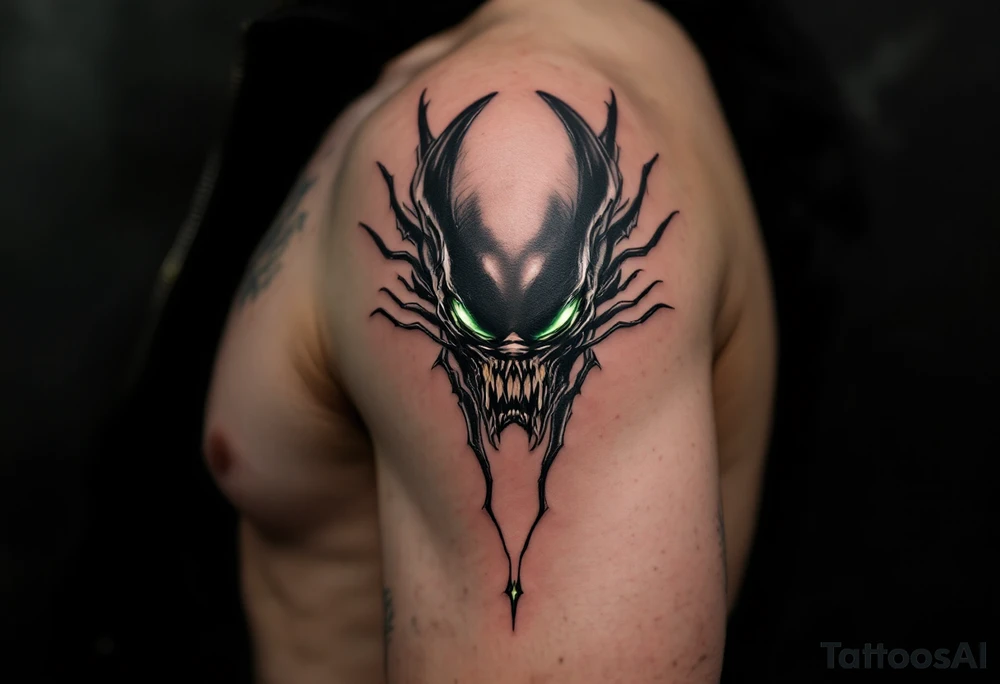 A detailed Xenomorph head with sleek black exoskeleton, glowing green eyes that radiate eerie light, set against a dark, misty background. tattoo idea