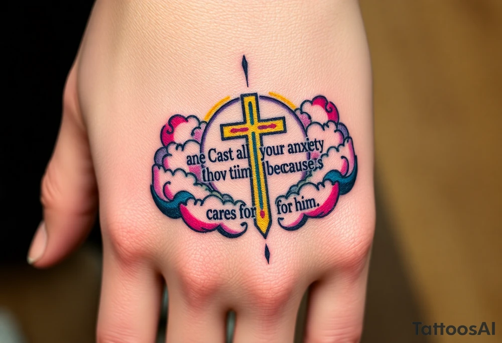 cast all your anxiety on him because he cares for you"  surrounded with clouds and cross tattoo idea