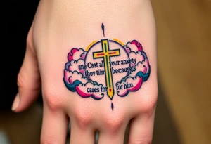 cast all your anxiety on him because he cares for you"  surrounded with clouds and cross tattoo idea