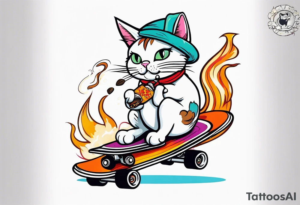 Cat smoking joint while riding marlboro skateboard tattoo idea