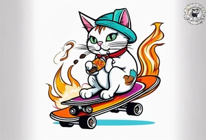 Cat smoking joint while riding marlboro skateboard tattoo idea