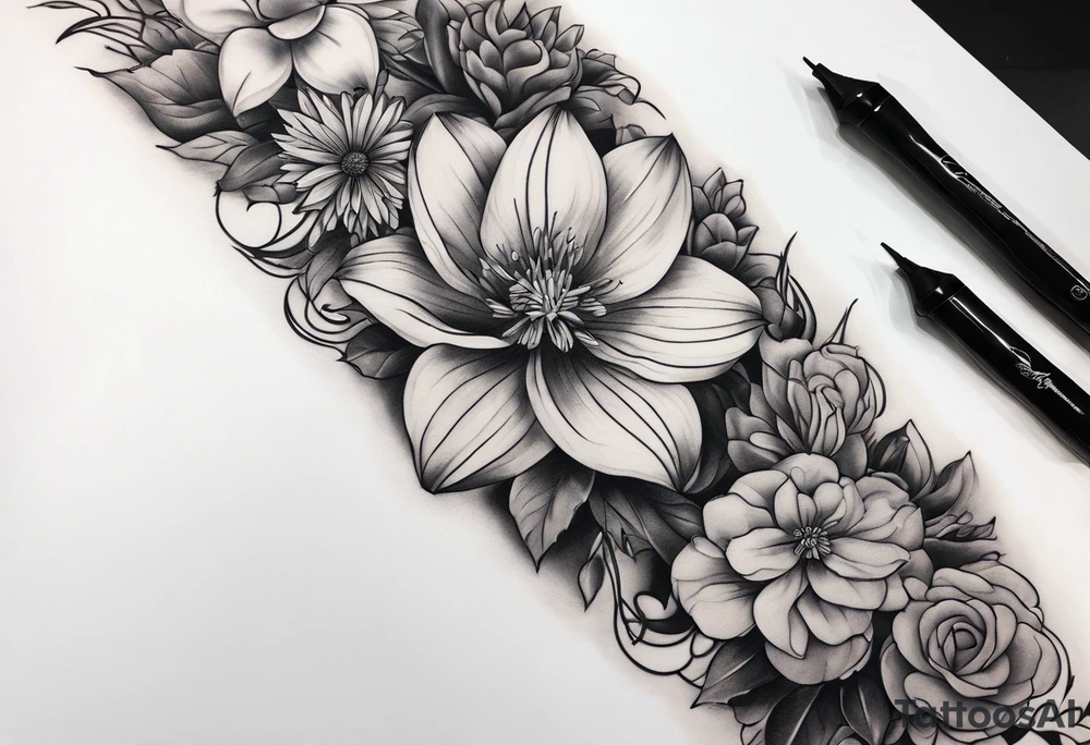 High contrast black and grey forearm snake and flower sleeve tattoo idea High contrast black and grey forearm snake and flower sleeve tattoo idea