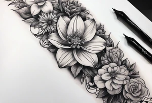 High contrast black and grey forearm snake and flower sleeve tattoo idea