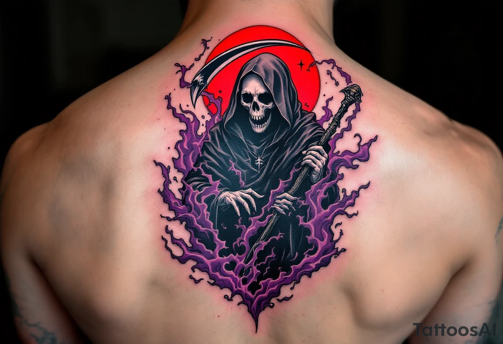 A Reaper with a red halo and an obsidian-black scythe cutting through a purple mist. tattoo idea