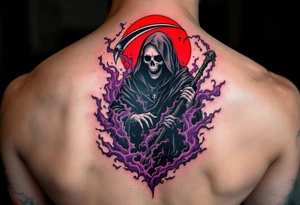 A Reaper with a red halo and an obsidian-black scythe cutting through a purple mist. tattoo idea