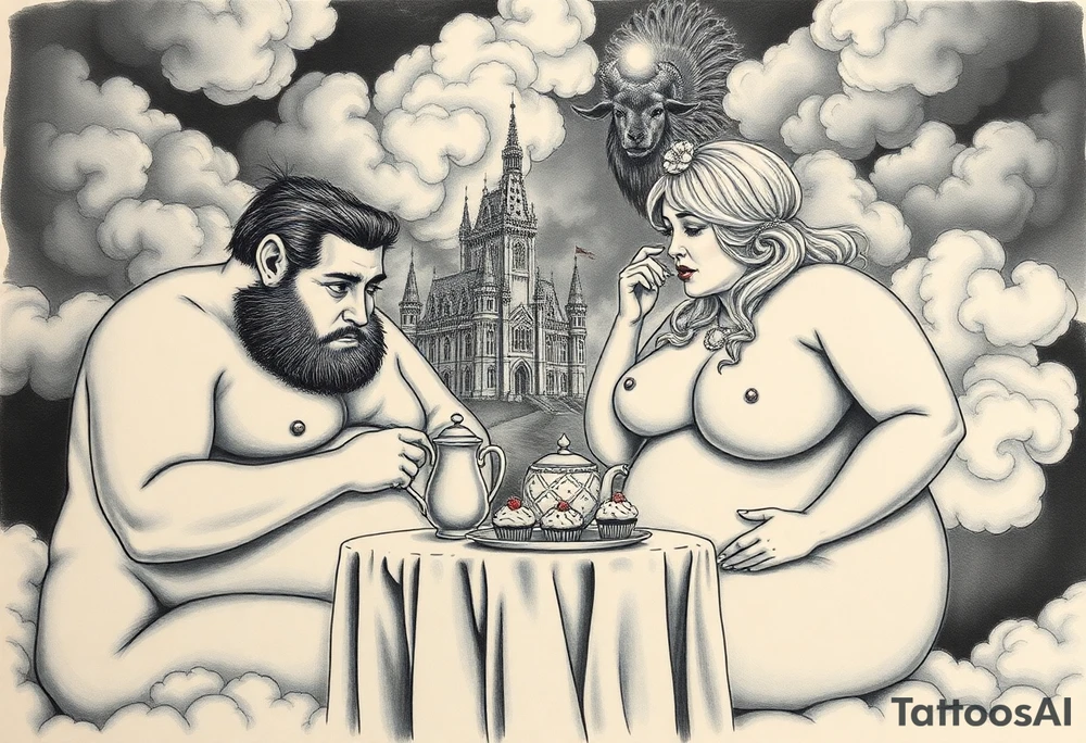 Naked Man and fat woman having sex eating cupcakes and  fruit  having sex clouds gothic sexy naked fat lady having a tea party with tea pot with fancy castle  
with mystical  a pigs, peacock,  lion, goat, noose and smoking cigerettes looking in the mirror thru storm clouds and broken hearts and darkness and wrath, envy , gluttony, greed, sloth, pride . Gothic tattoo idea
