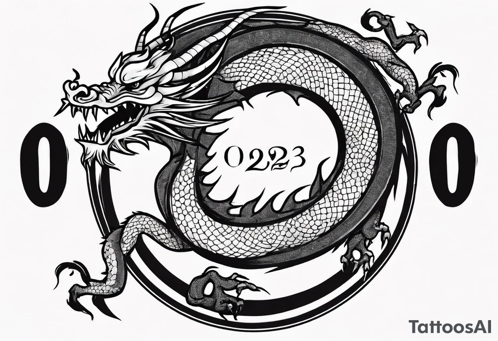 Chinese dragon in a circular shape with "02.03" written on its skin tattoo idea