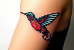 A hummingbird leaving a trail of glowing hieroglyphs as it flies(only red , blue and black are possible colors) tattoo idea