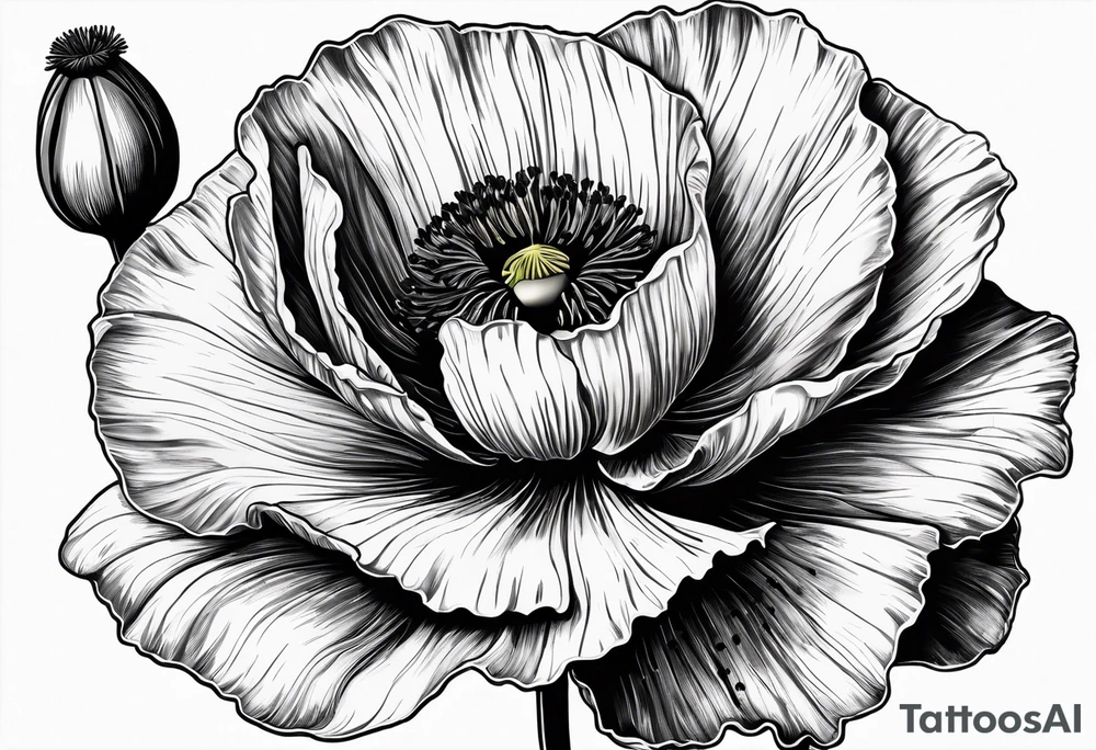 Poppy flower with the date 1/15/22 in Roman numerals tattoo idea