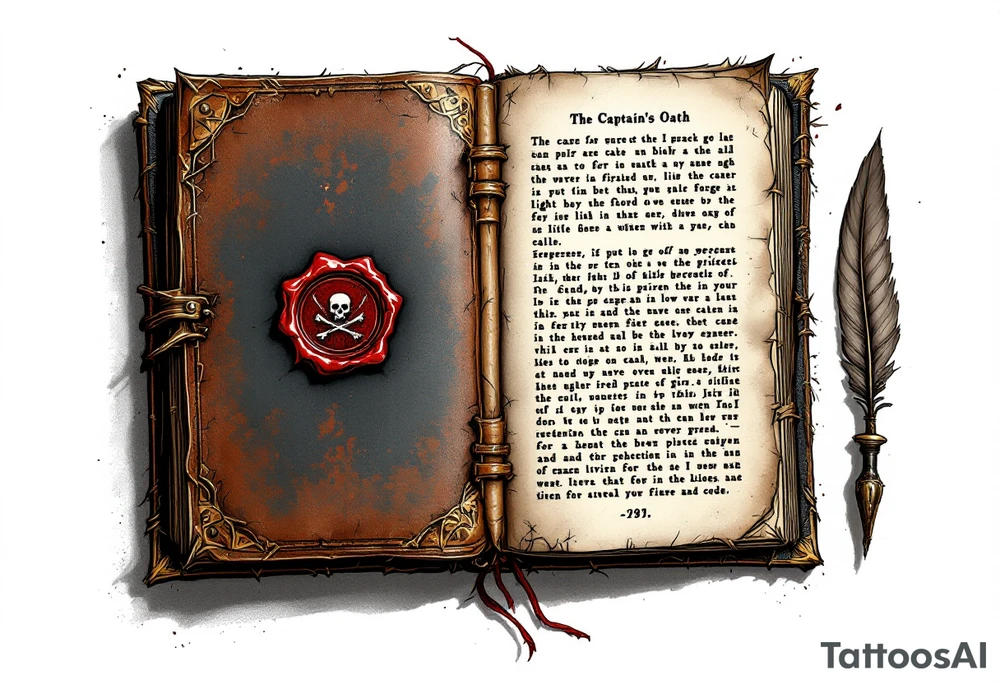 The Captain’s Oath – A leather-bound, salt-stained book, opened to a page covered in inked pirate code, sealed with a blood-red wax stamp bearing a Jolly Roger. A weathered quill pen rests beside it, representing a pirate’s final words. tattoo idea