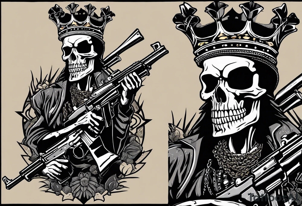 image of a skeleton standing frontally with a crown on his head, holding an AK-47 on his shoulder with his right hand. The chain on the left should be taut, there are three angry barking Dobermans in it, near the waist tattoo idea