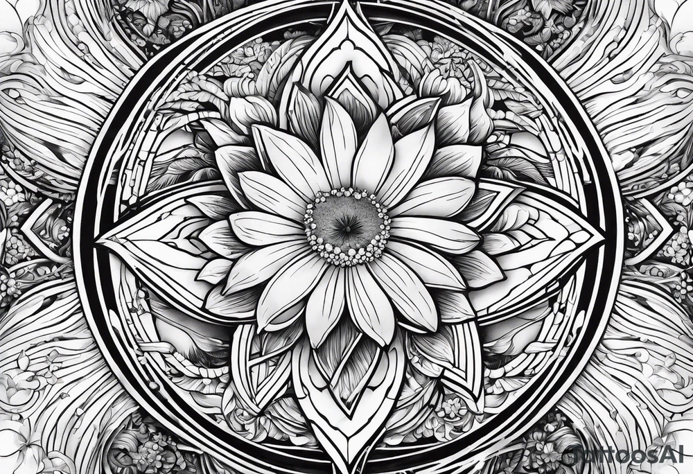 om, sparrow, sunrays, staircase, cosmos, iris, daisy tattoo idea