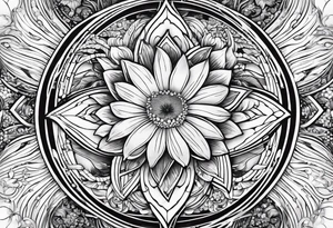 om, sparrow, sunrays, staircase, cosmos, iris, daisy tattoo idea