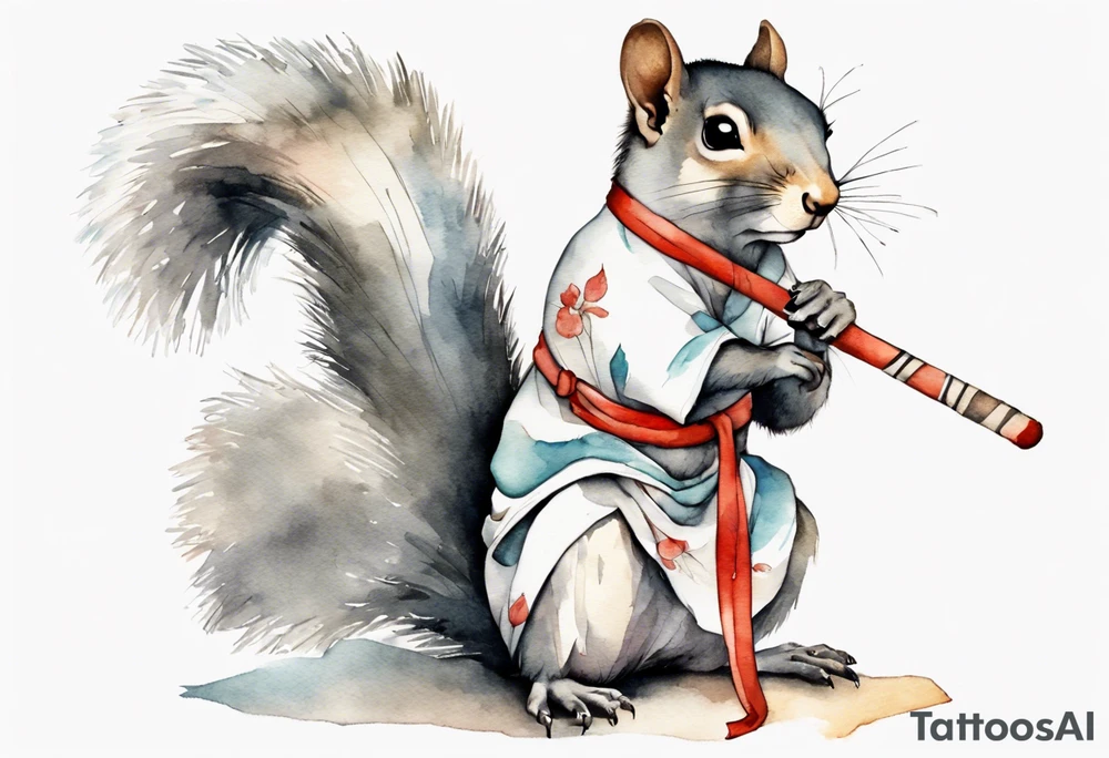 a sad grey squirrel dressed in a tunic holding a large white stick tattoo idea