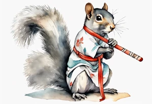 a sad grey squirrel dressed in a tunic holding a large white stick tattoo idea