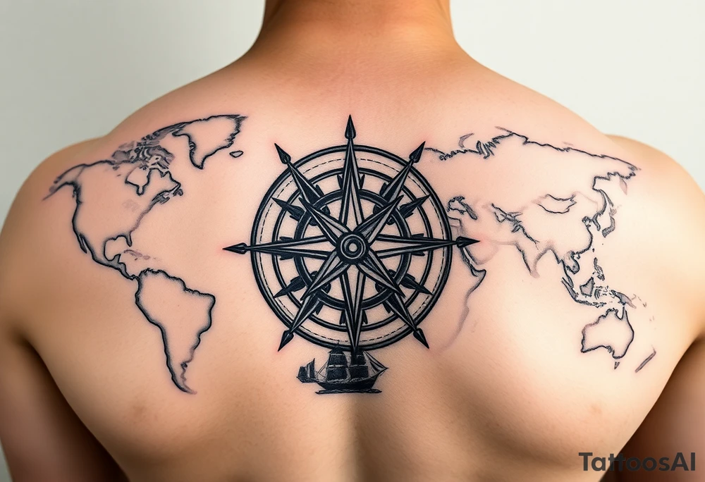 antique compass rose overlaid on weathered world map with sailing ships tattoo idea