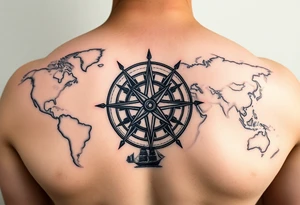 antique compass rose overlaid on weathered world map with sailing ships tattoo idea