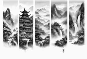 forearm sleeve traditional chinese art painting Chinese temple two old philosophers wearing robes and drinking tea mountains mist fog waterfall tattoo idea