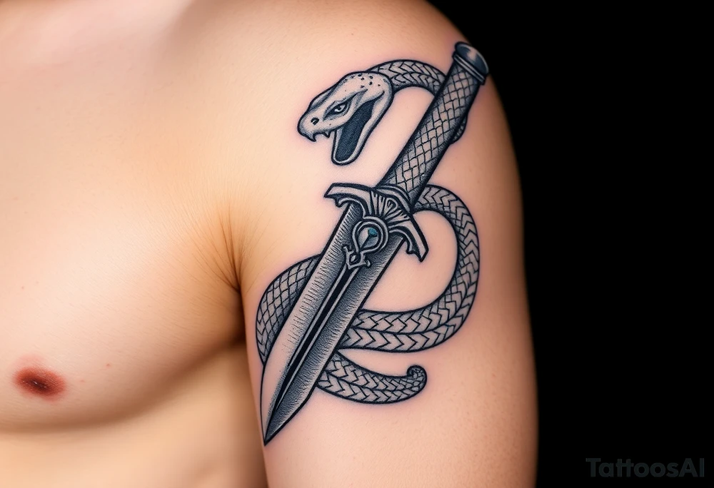 mystical snake coiled around an ancient dagger with jeweled hilt tattoo idea