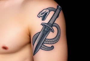 mystical snake coiled around an ancient dagger with jeweled hilt tattoo idea